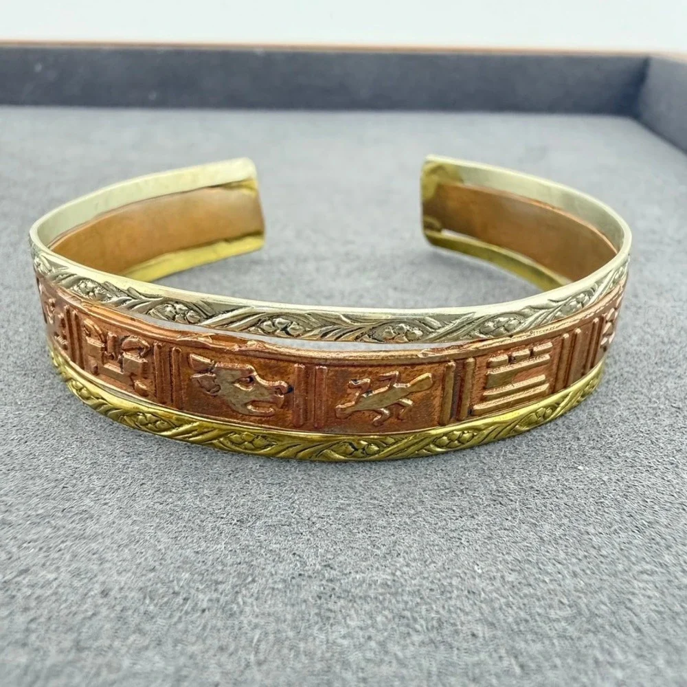 Mixed Metal Cuff Bracelet Animal Motif Tri-Tone Southwestern Embossed Design